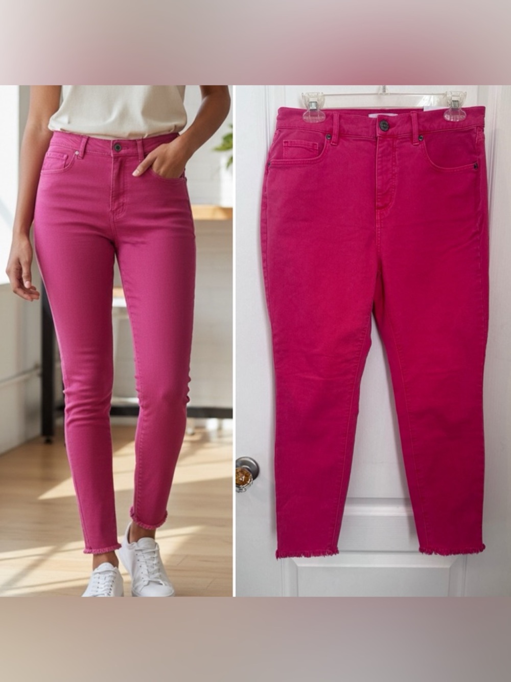 LOFT HIGH WAIST SKINNY STRETCH, SIZE 8P, SLIM POCKET, HOT PINK, RAW HEM. NEW